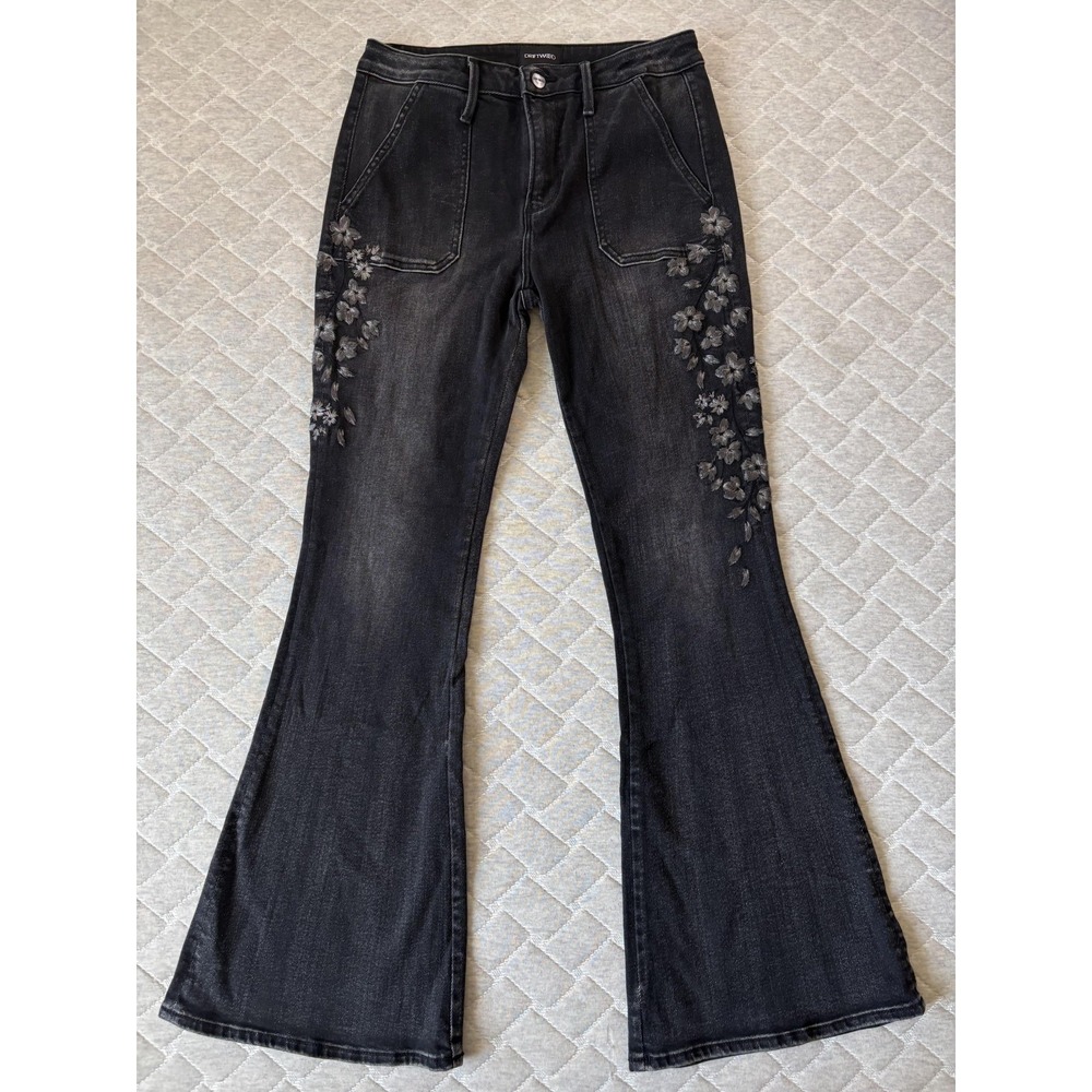 Driftwood Farrah Jeans Womens 28 Black Flare Floral Embroidered Denim Boho
